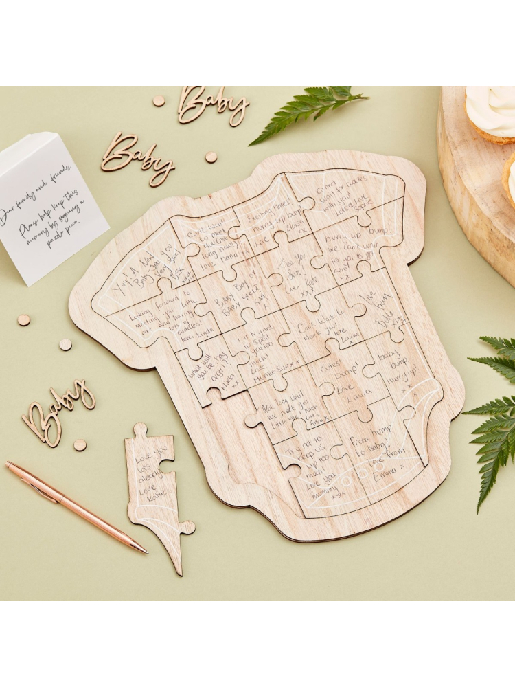 Ginger Ray BAB-126 Botanical Baby Gastenboek Houten Puzzel Romper main product photo